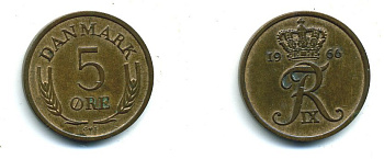 Дания 5 эре 1966 C; S, Фредерик IX (1947-1972) KM 848.1 бронза 59-1235