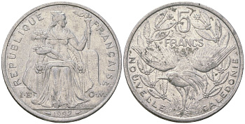 Французская Новая Каледония 5 франков 1992 птица кагу, (IEOM) KM 16, Schoen 12, Lec 80 алюминий 189-131