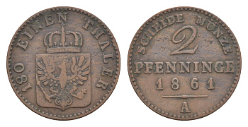 Пруссия 2 пфеннига 1861 A, Вильгельм I (1861-1888) KM 481, Jaeger 51, AKS 107, Olding 425 медь 4651-313
