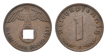 Германия 1 рейхспфенниг 1937 F KM 89, J. 361 бронза 4684-1141