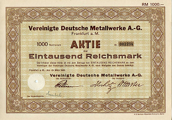 Германия 1000 рейхсмарок 1934 АО Объединенные немецкие металлургические заводы, акция   бумага   8803-32-1