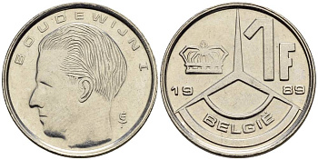 БЕЛЬГИЯ 1 ФРАНК 1989 BELGIE KM 171 сталь плакированная никелем 4528-1045