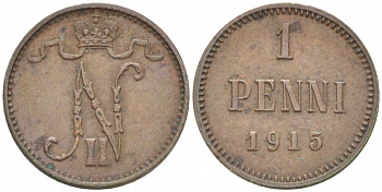 РОССИЯ ДЛЯ ФИНЛЯНДИИ 1 ПЕННИ 1915 НИКОЛАЙ II KM 13, Биткин 475 медь 261-1146