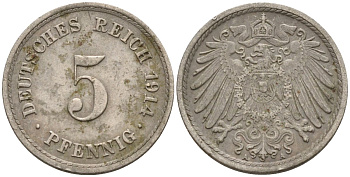 Германия 5 пфеннигов 1914 A KM 11, J. 12 медно-никель 4151-548