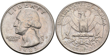 США 25 центов = квотер 1985 P, Вашингтон KM A164a медь плакированная медно-никелем 4584-1224