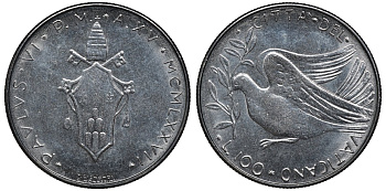 Ватикан 100 лир 1977 голубь, папа Павел VI (1963-1978) KM 122 нержавеющая сталь UNC 4579-651