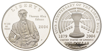 США 1 доллар 2004 P, 125 лет изобретению электрического света, Томасом Эдисоном, в оригинальной коробке, сертификат КМ 362 серебро  PROOF  3-6-5-20
