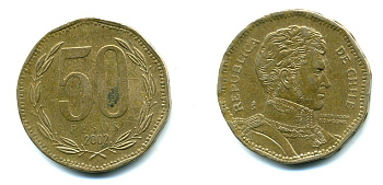 Чили 50 песо 2002 Бернардо О’Хиггинс KM 219.2 алюминиевая бронза 36-935