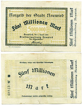 НОЙВИД, ГЕРМАНИЯ 5000000 МАРОК (5 МИЛЛИОНОВ МАРОК) 1923 1 АВГУСТА 1923, НОТГЕЛЬД, ЗЕМЛЯ РЕЙЛАНД-ПФАЛЬЦ, СЕРИЯ В Keller 3903f бумага 8613-35-1-1