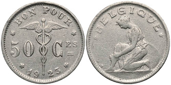 БЕЛЬГИЯ 50 САНТИМОВ 1923 BELGIQUE, АЛЬБЕРТ I (1909-1934) KM 87 никель 27-117