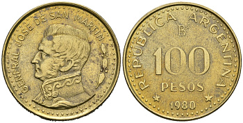 Аргентина 100 песо 1980 генерал Хосе де Сан Мартин KM 85а сталь плакированная латунью 81-326
