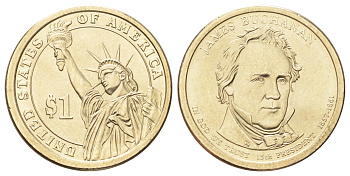 США 1 доллар 2010 Президент США - Джеймс Бьюкенен (1857-1861) KM 477 медь с марганцево-латунным покрытием UNC 4666-1011