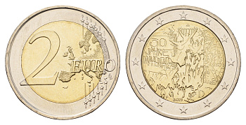 Германия 2 евро 2019 F, 30 лет падению Берлинской стены KM 429 биметалл UNC 71-1124