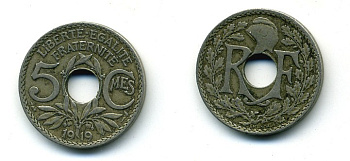 Франция 5 сантимов 1919 тип Линдайё KM 865, Le Franc 121.3 медно-никель 84-326