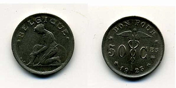 БЕЛЬГИЯ 50 САНТИМОВ 1923 BELGIQUE KM 87 никель 46-124