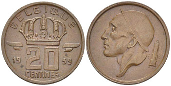 БЕЛЬГИЯ 20 САНТИМОВ 1959 BELGIQUE KM 146 бронза 201-1245