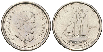 Канада 10 центов 2008 Leaf, Елизавета II (1952-2022), парусник KM 492 сталь плакированный никелем UNC 4382-1145