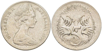 АВСТРАЛИЯ 5 ЦЕНТОВ 1970 ЕЛИЗАВЕТА II (1952-) МОЛОДОЙ ПОРТРЕТ, ЕХИДНА KM 64 медно-никель 4516-652