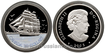 Канада 20 долларов 2005 серия Парусники - трехмачтовый корабль, голограмма, в фирменной коробке с сертификатом KM NEW серебро PROOF 4-3-2-11