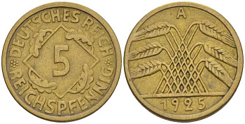 Германия 5 рейхспфеннигов 1925 A KM 39, J. 316, Weege 7 алюминиевая бронза 211-548