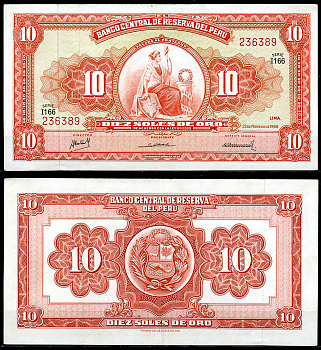 Перу 10 солей 1968 сидящая свобода, Thomas de la Rue Pick 84 a  бумага  аUNC  444-118-1-2