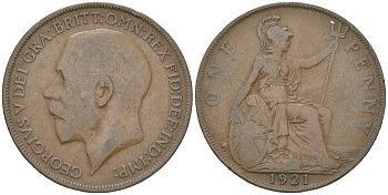 Великобритания 1 пенни 1921 Георг V (1910-1936) KM 810, Spink 4051 бронза 3855-336