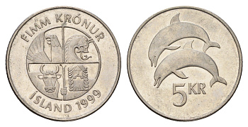 Исландия 5 крон 1999 дельфины KM 28a сталь плакированная никелем 4691-424