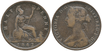 Великобритания 1/2 пенни 1862 Виктория (1837-1901) KM 748.2, Spink 3956 бронза 34-146