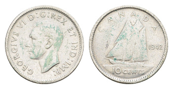 Канада 10 центов 1942 Георг VI (1936-1952), парусник KM 34 серебро 4639-543