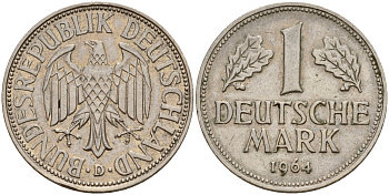ФРГ 1 марка 1964 D KM 110, J. 385 медно-никель 4159-1052