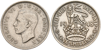 Великобритания 1 шиллинг 1948 Георг VI (1936-1952), Английский герб KM 863, Spink 4103 медно-никель    4153-335