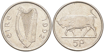 Ирландия 5 пенсов 1992 бык KM 28 медно-никель 188-121