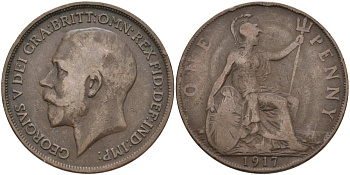 Великобритания 1 пенни 1917 Георг V (1910-1936) KM 810, Spink 4051 бронза 4572-1224
