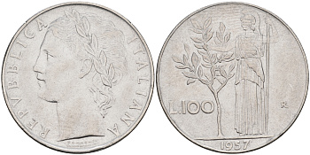 Италия 100 лир 1957 R, Афина KM 96.1 нержавеющая сталь 4117-322