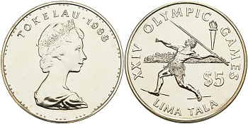Токелау 5 тала 1988 XXXIVI Олимпийские игры 1988 года в Сеуле, копьеметатель KM 10 серебро UNC 02-115-44