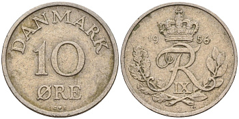 Дания 10 эре 1956 C; S, Фредерик IX (1947-1972) KM 841 медно-никель 4596-462