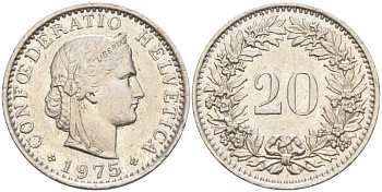 Швейцария 20 раппенов 1975 KM 29a медно-никель 55-942