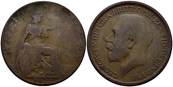 Великобритания 1/2 пенни 1922 Георг V (1910-1936) KM 809, Spink 4056 бронза 51-924