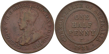 Австралия 1/2 пенни 1921 Георг V (1910-1936) KM 22 бронза 67-1216