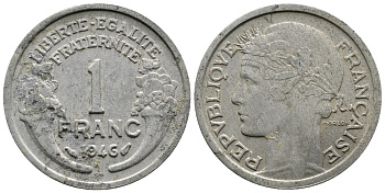 ФРАНЦИЯ 1 ФРАНК 1946 KM 885а.1 алюминий 83-1936