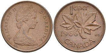 Канада 1 цент 1966 Елизавета II (1952-2022), кленовый лист KM 59.1 бронза 4580-352