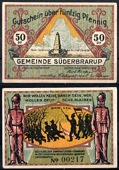 Зюдербраруп (Пруссия, Шлезвиг-Гольштейн) 50 пфеннигов 1921 Mehl Grabowski 1294.7c-6/8 бумага UNC (пресс) 7556-63-3-1