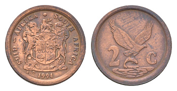 ЮАР 2 цента 1994 орел с рыбой KM 133 сталь плакированная медью 4627-169