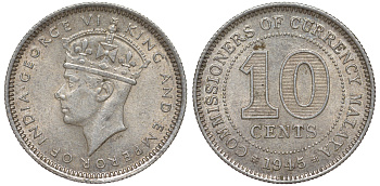 Британская Малайя 10 центов 1945 Георг VI (1937-1952) KM 4a серебро 53-264