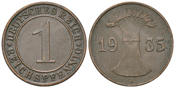 Германия 1 рейхспфенниг 1935 J KM 37, J. 313, Weege 2 бронза 4164-614