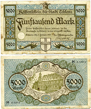 КОБЛЕНЦ 5000 МАРОК 1923 НОТГЕЛЬД, 2 ЯНВАРЯ 1923 бумага 6294-88-1