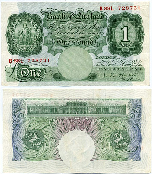 Англия 1 фунт ND (1955-1960) зеленый, подпись  L.K. O' Brien, с защитной полосой Pick 369c бумага aUNC 000-00-00