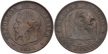 ФРАНЦИЯ 5 САНТИМОВ 1954 МА, НАПОЛЕОН III KM 777.6 бронза 28-637