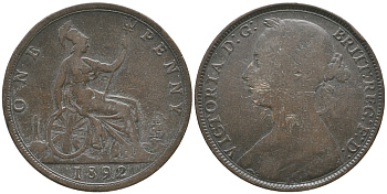 Великобритания 1 пенни 1892 Виктория (1837-1901) KM 755, Spink 3954 бронза 32-431