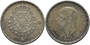 Швеция 1 крона 1946 TS, Густав V (1907-1950) KM 814 серебро 202-536